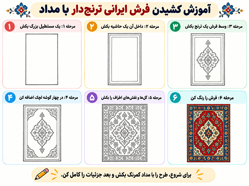 نقاشی فرش ایرانی ترنجدار با مداد