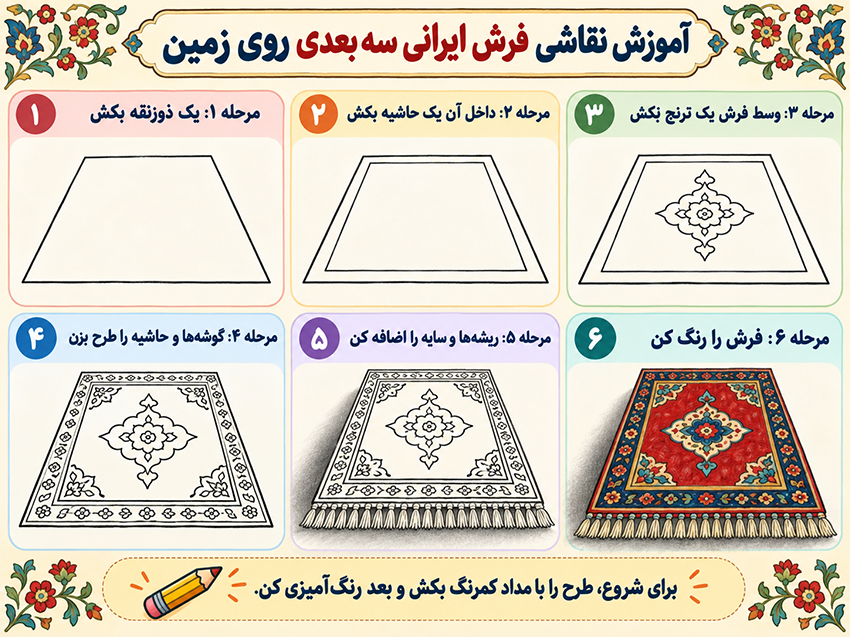 نقاشی فرش ایرانی سهبعدی روی زمین